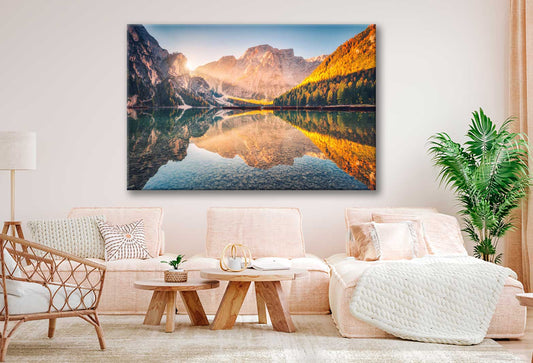 Bella Home Braies Lake at Sunrise in Autumn Print Canvas Ready to hang
