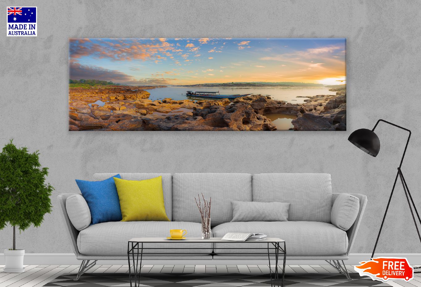 Panoramic Canvas Boat on Lake Sunset View Photograph High Quality 100% Australian Made Wall Canvas Print Ready to Hang