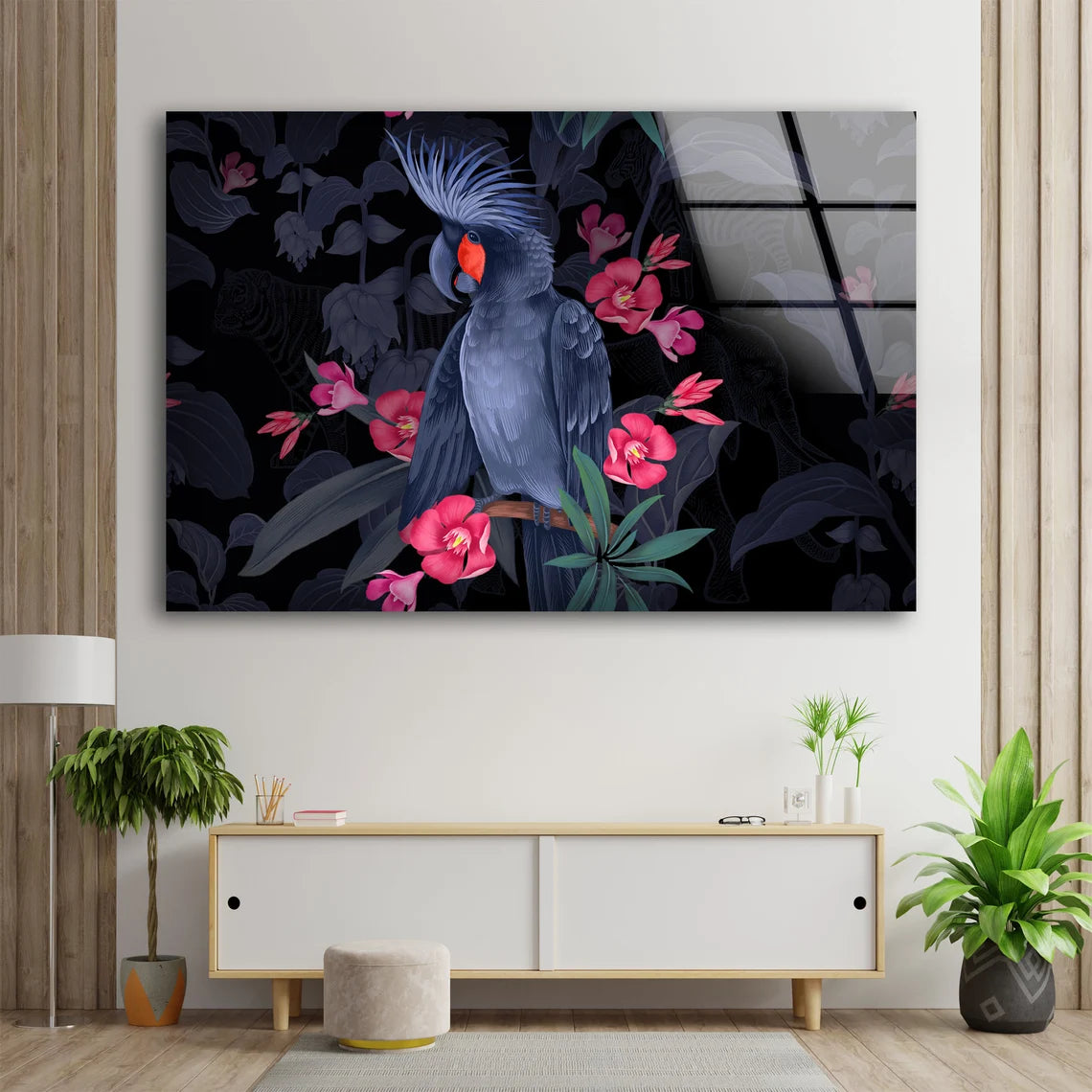 Black Cockatoo Bird & Flower Trees Vector Art Acrylic Glass Print Tempered Glass Wall Art 100% Made in Australia Ready to Hang