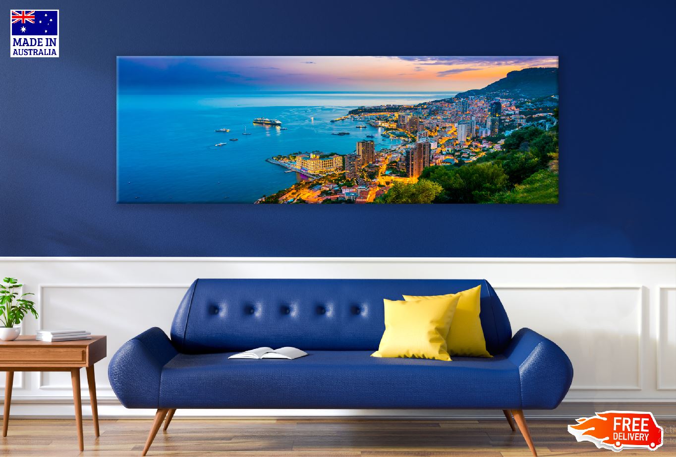Panoramic Canvas Monte Carlo Sea Night View Photograph High Quality 100% Australian Made Wall Canvas Print Ready to Hang