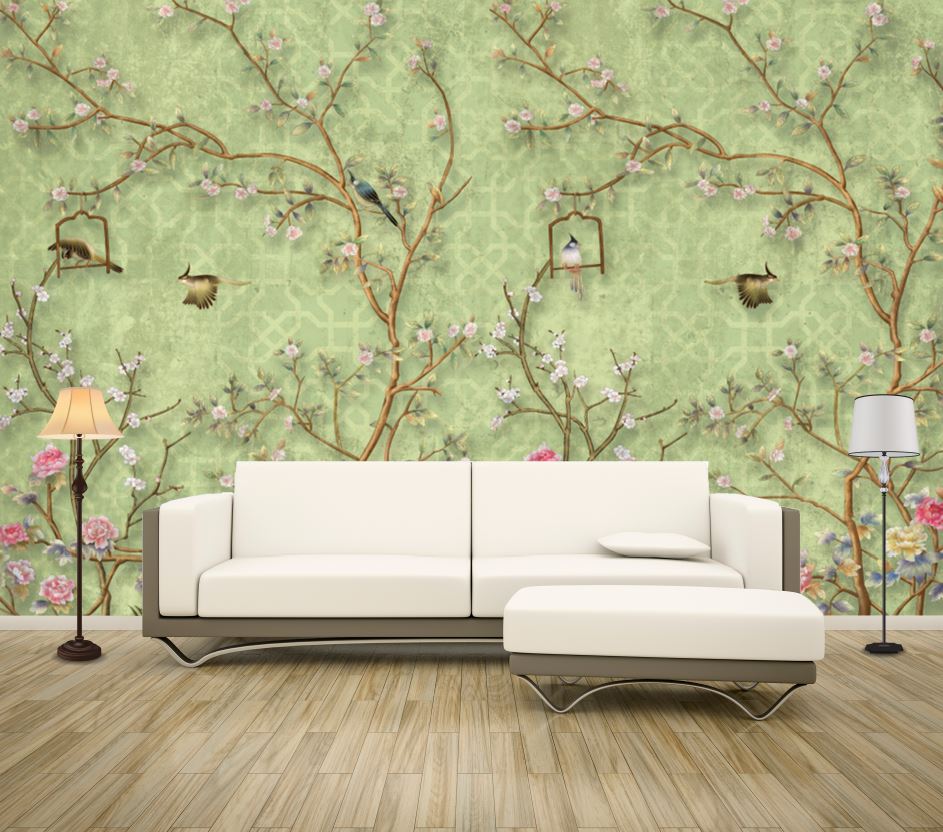 Wallpaper Murals Peel and Stick Removable Birds & Trees with Flowers Design High Quality