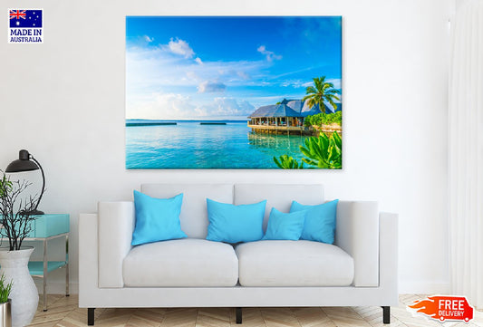 Atoll Bungalow with Blue Sky View Photograph Print 100% Australian Made