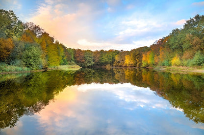 Orange Autumn Forest Reflected in Lake Photograph Print 100% Australian Made