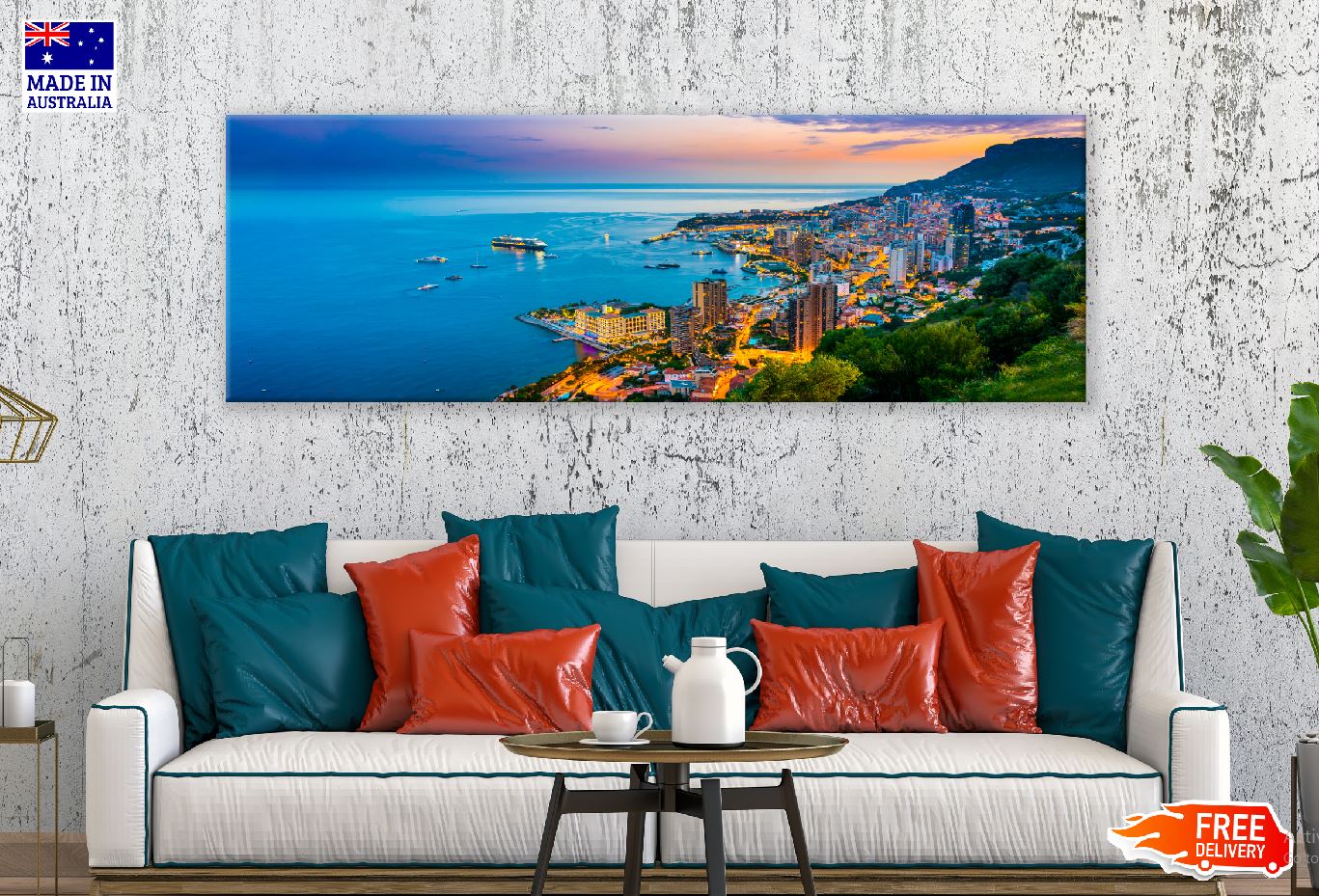 Panoramic Canvas Monte Carlo Sea Night View Photograph High Quality 100% Australian Made Wall Canvas Print Ready to Hang