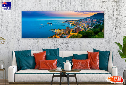 Panoramic Canvas Monte Carlo Sea Night View Photograph High Quality 100% Australian Made Wall Canvas Print Ready to Hang