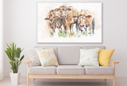 Brown Cattles Eating Painting Print 100% Australian Made