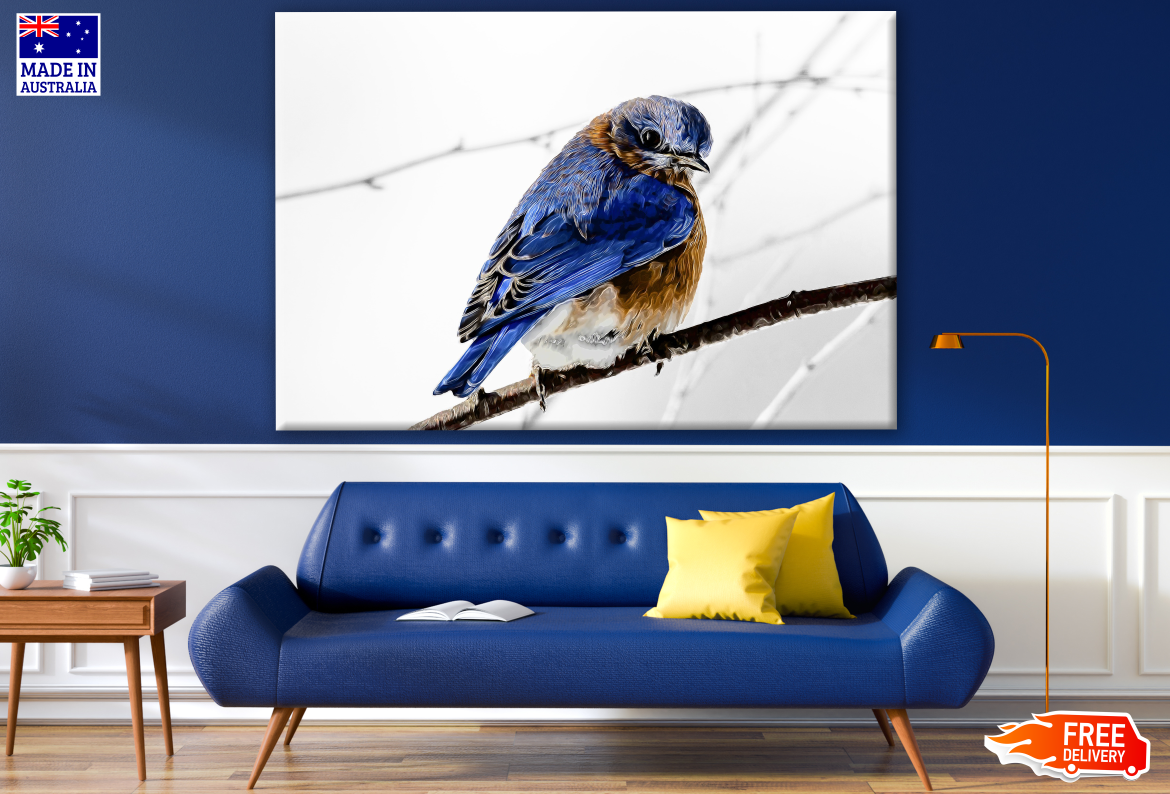 Blue Bird on a Branch Snow Photograph Print 100% Australian Made