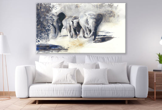 Wild Elephants Running Painting Print 100% Australian Made