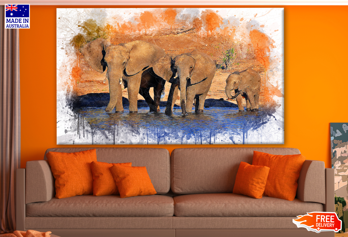 Elephant Family in a Water Hole Photograph Print 100% Australian Made