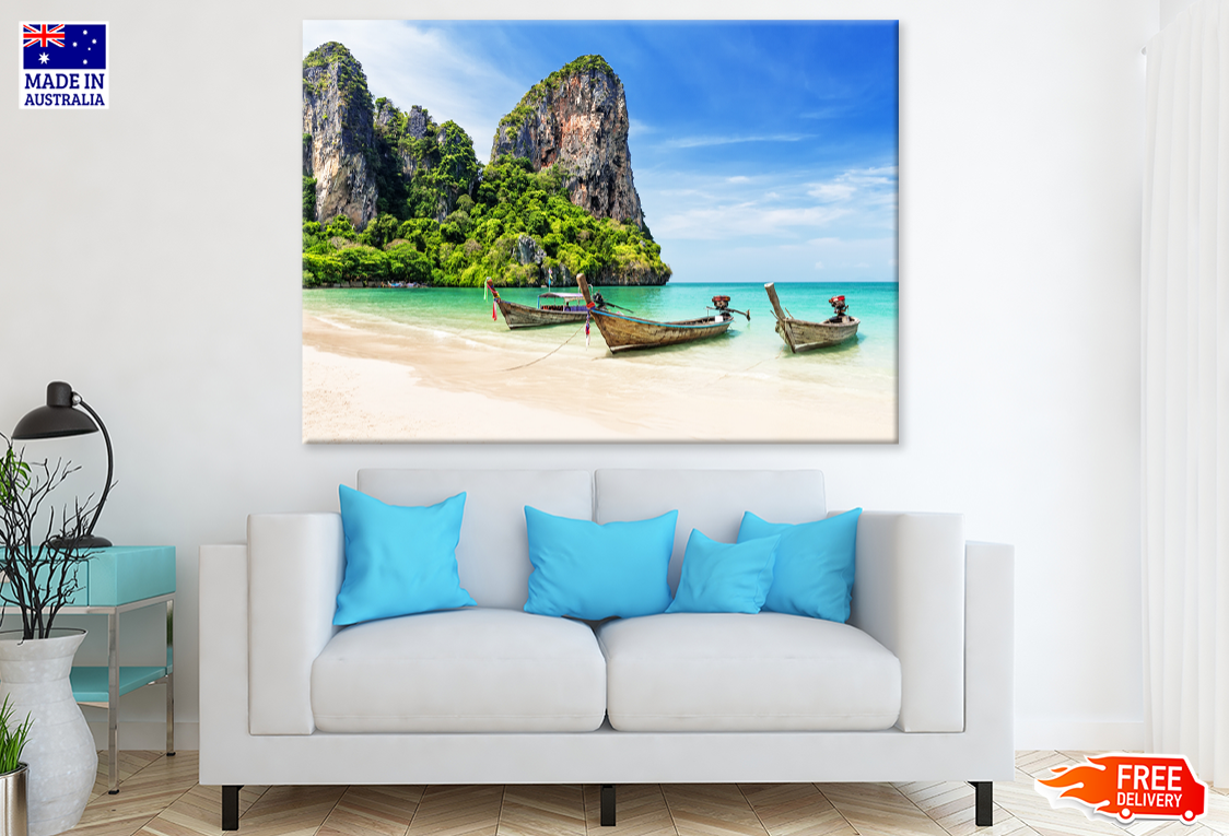 Boats on Sea & Plant With Rocks View Photograph Print 100% Australian Made
