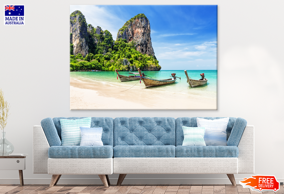 Boats on Sea & Plant With Rocks View Photograph Print 100% Australian Made