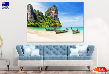 Boats on Sea & Plant With Rocks View Photograph Print 100% Australian Made