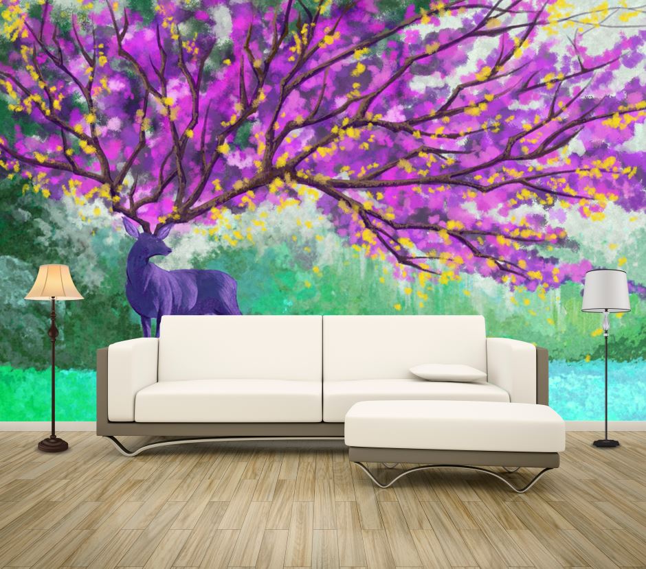 Wallpaper Murals Peel and Stick Removable Flower Tree on Deer Head Painting High Quality