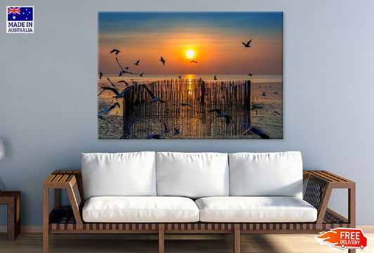 Sea Sunset with of Birds Flying Photograph Print 100% Australian Made