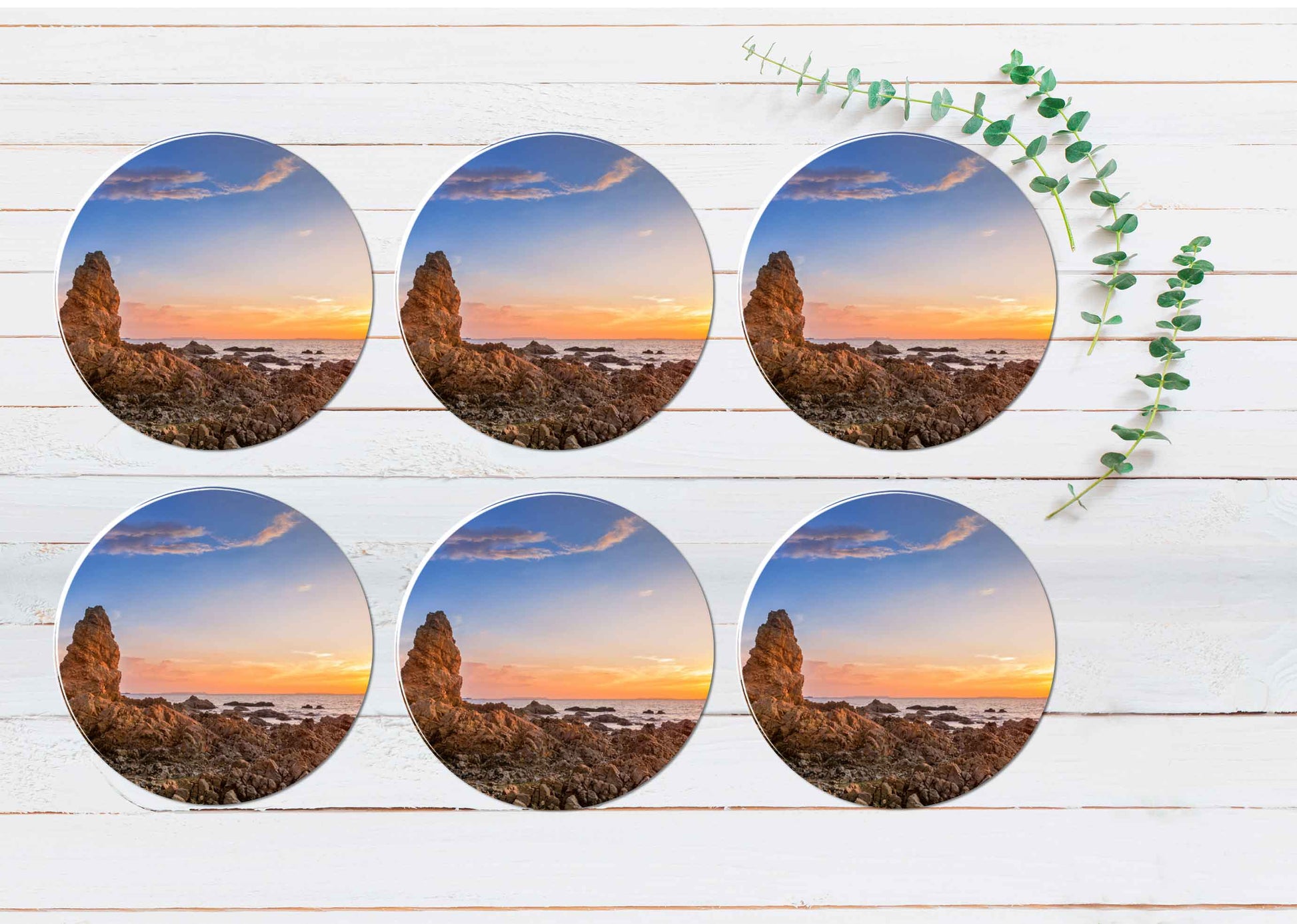 Seascape With Stone During Sunset Coasters Wood & Rubber - Set of 6 Coasters