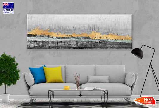 Panoramic Canvas Gold & Grey Abstract Design High Quality 100% Australian Made Wall Canvas Print Ready to Hang