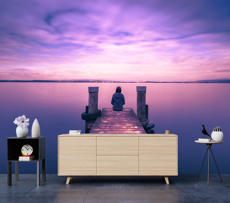 Wallpaper Murals Peel and Stick Removable Girl Sitting on Wooden Pier High Quality