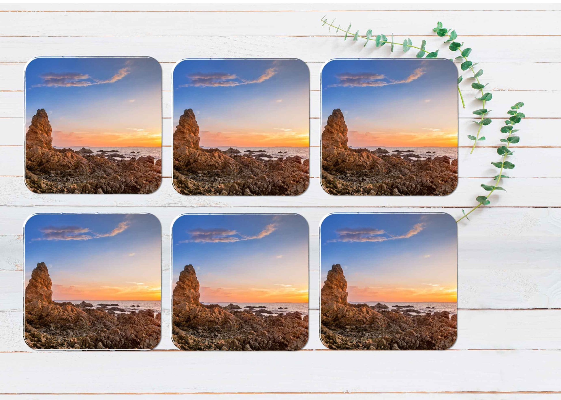 Seascape With Stone During Sunset Coasters Wood & Rubber - Set of 6 Coasters