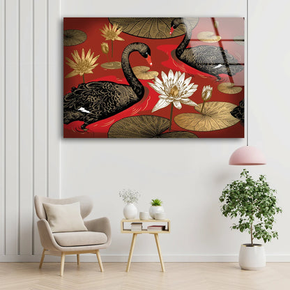 Black Swans on Lake with Flowers Vector Design Acrylic Glass Print Tempered Glass Wall Art 100% Made in Australia Ready to Hang