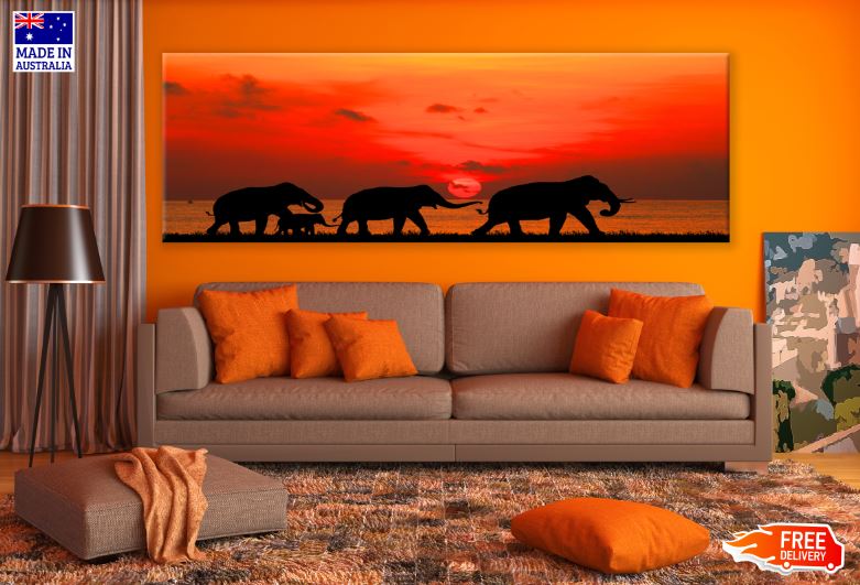 Panoramic Canvas Elephants Walking at Sunset Photograph High Quality 100% Australian Made Wall Canvas Print Ready to Hang