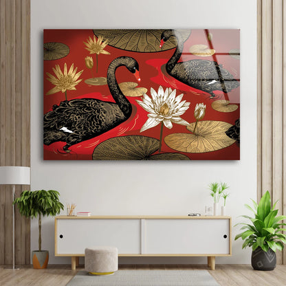 Black Swans on Lake with Flowers Vector Design Acrylic Glass Print Tempered Glass Wall Art 100% Made in Australia Ready to Hang