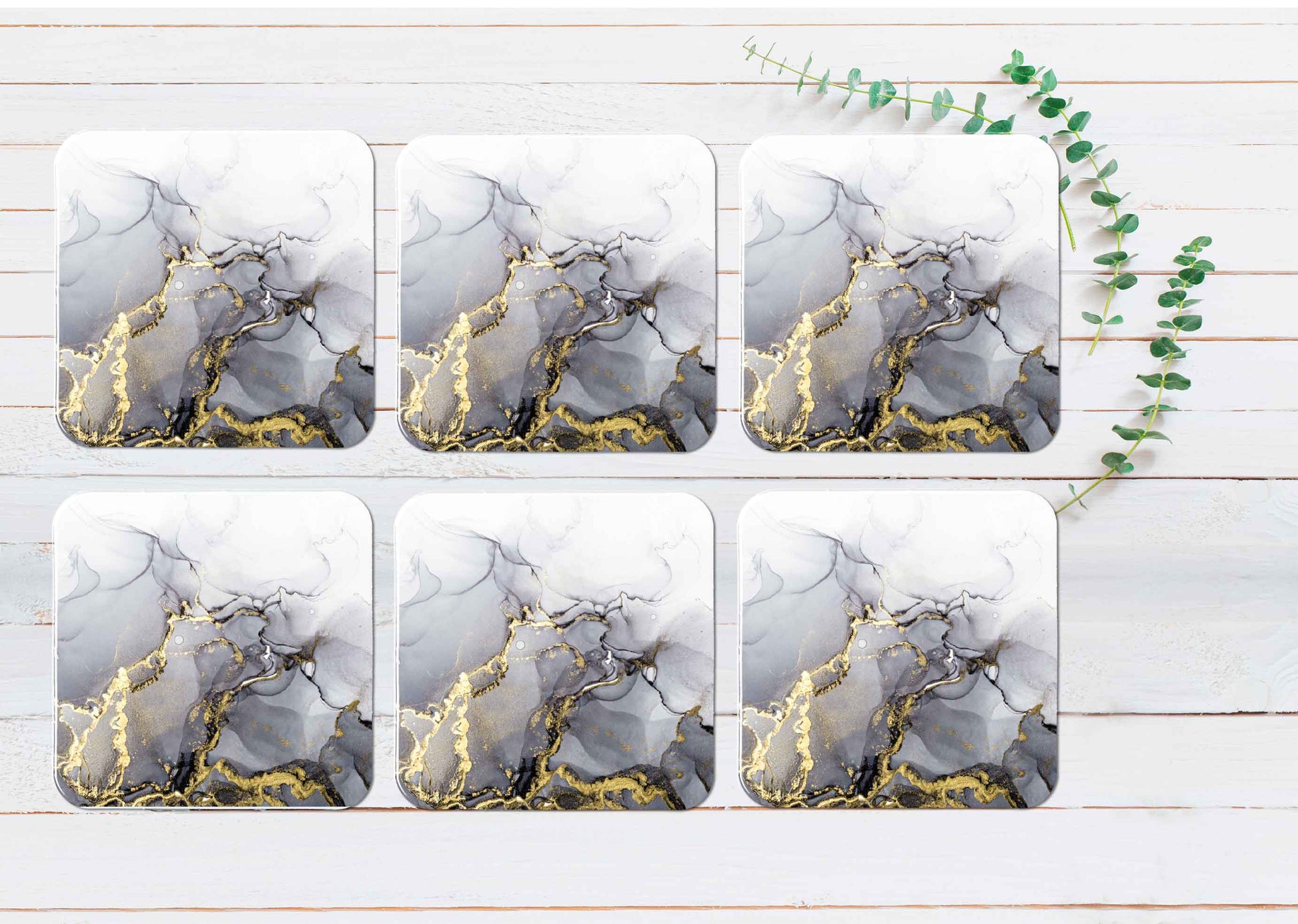 Grey Gold Splash Abstract Design Coasters Wood & Rubber - Set of 6 Coasters