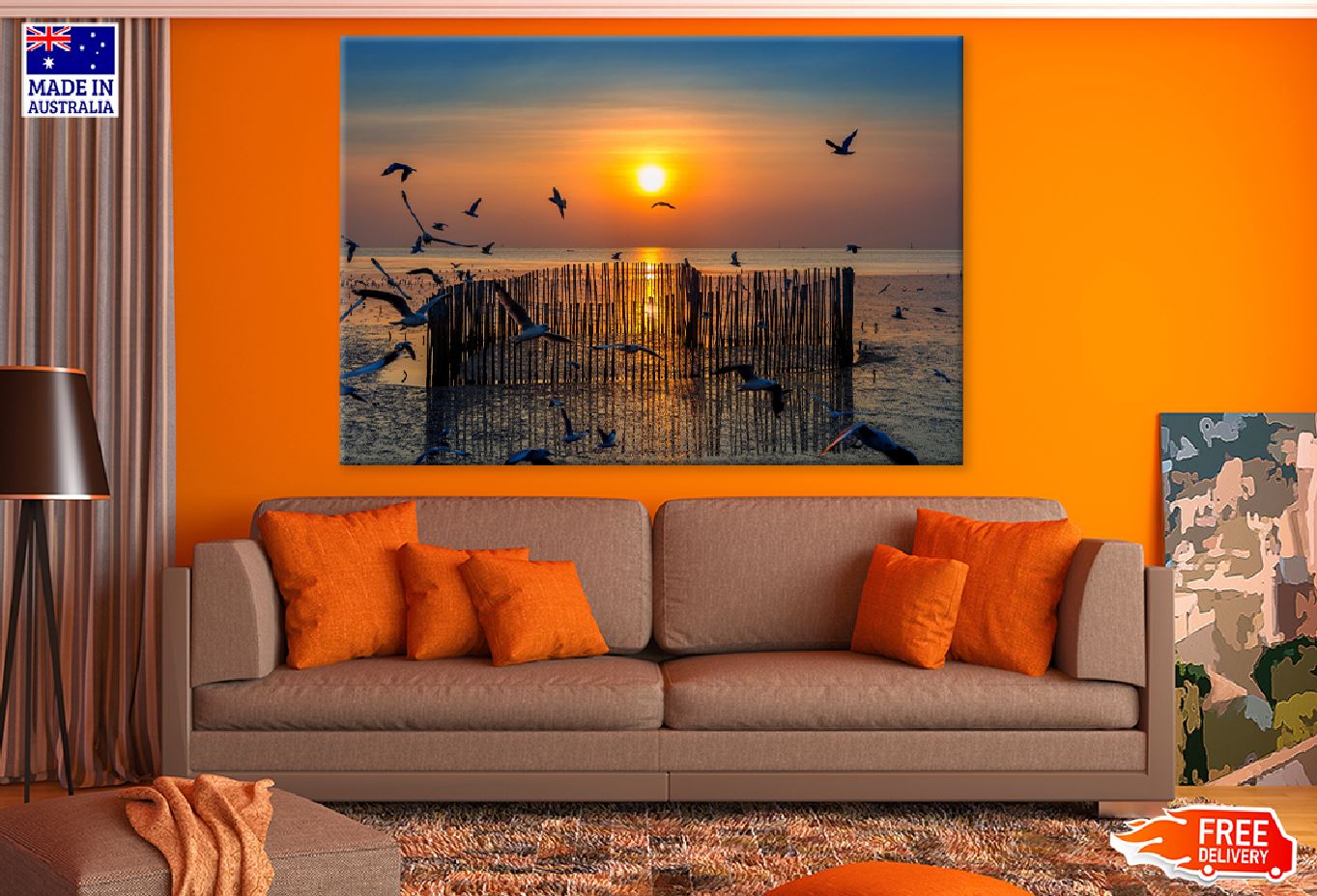 Sea Sunset with of Birds Flying Photograph Print 100% Australian Made