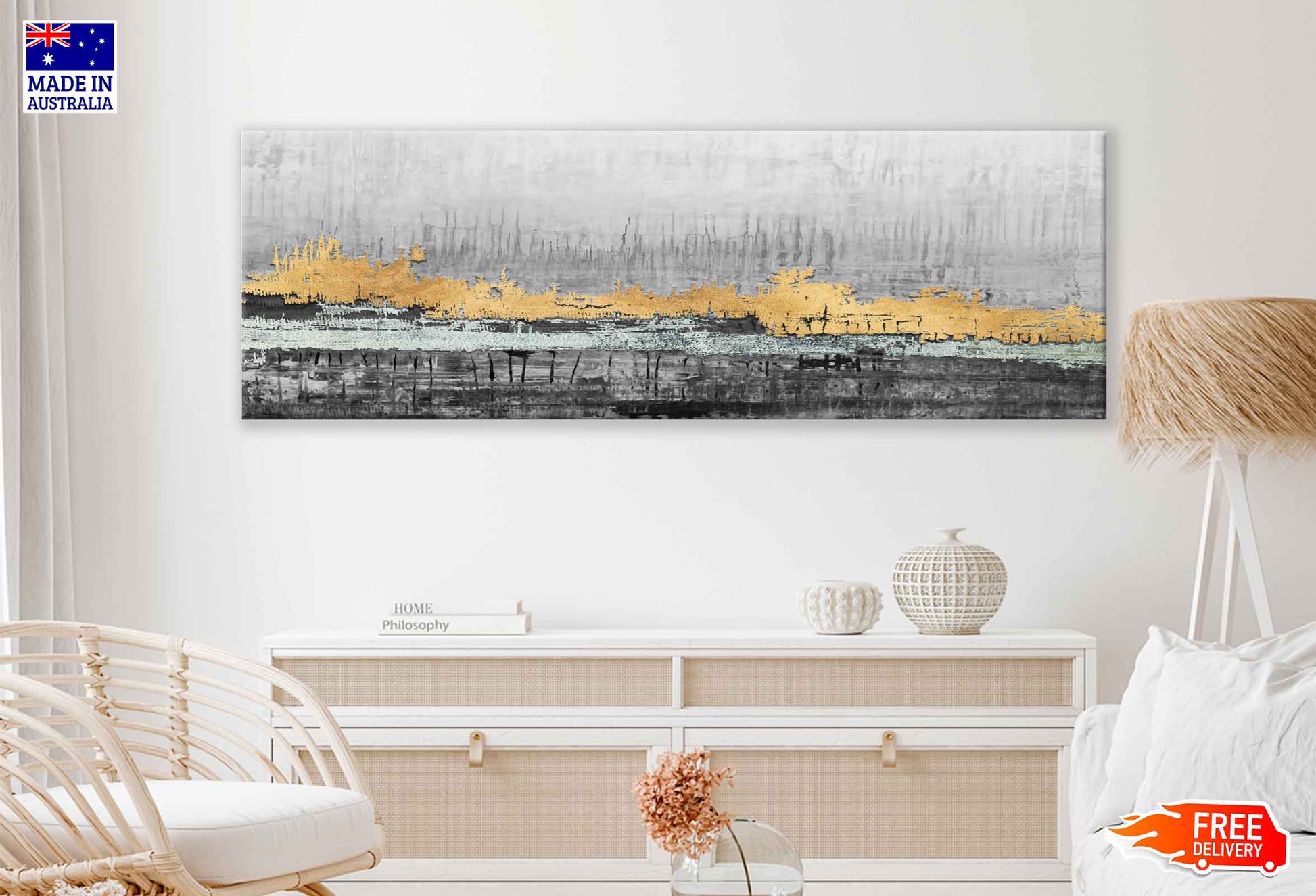 Panoramic Canvas Gold & Grey Abstract Design High Quality 100% Australian Made Wall Canvas Print Ready to Hang