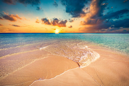 Sand with Sea Waves Island Sunset Photograph Print 100% Australian Made