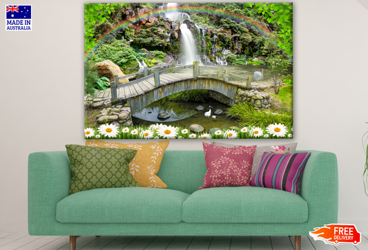 Stunning Waterfall with Bridge & Rainbow Photogrpah Print 100% Australian Made