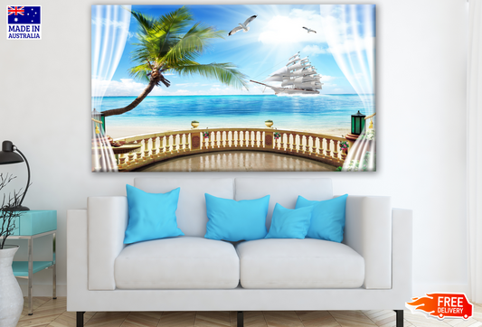 3D Sea with Beach & Birds Window View Print 100% Australian Made