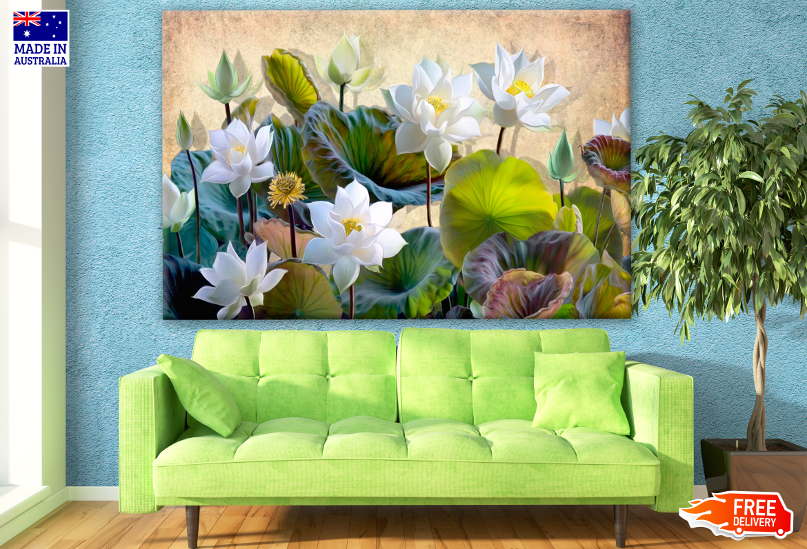 Blooming White Lotus Flowers with Green Leaves Painting Print 100% Australian Made