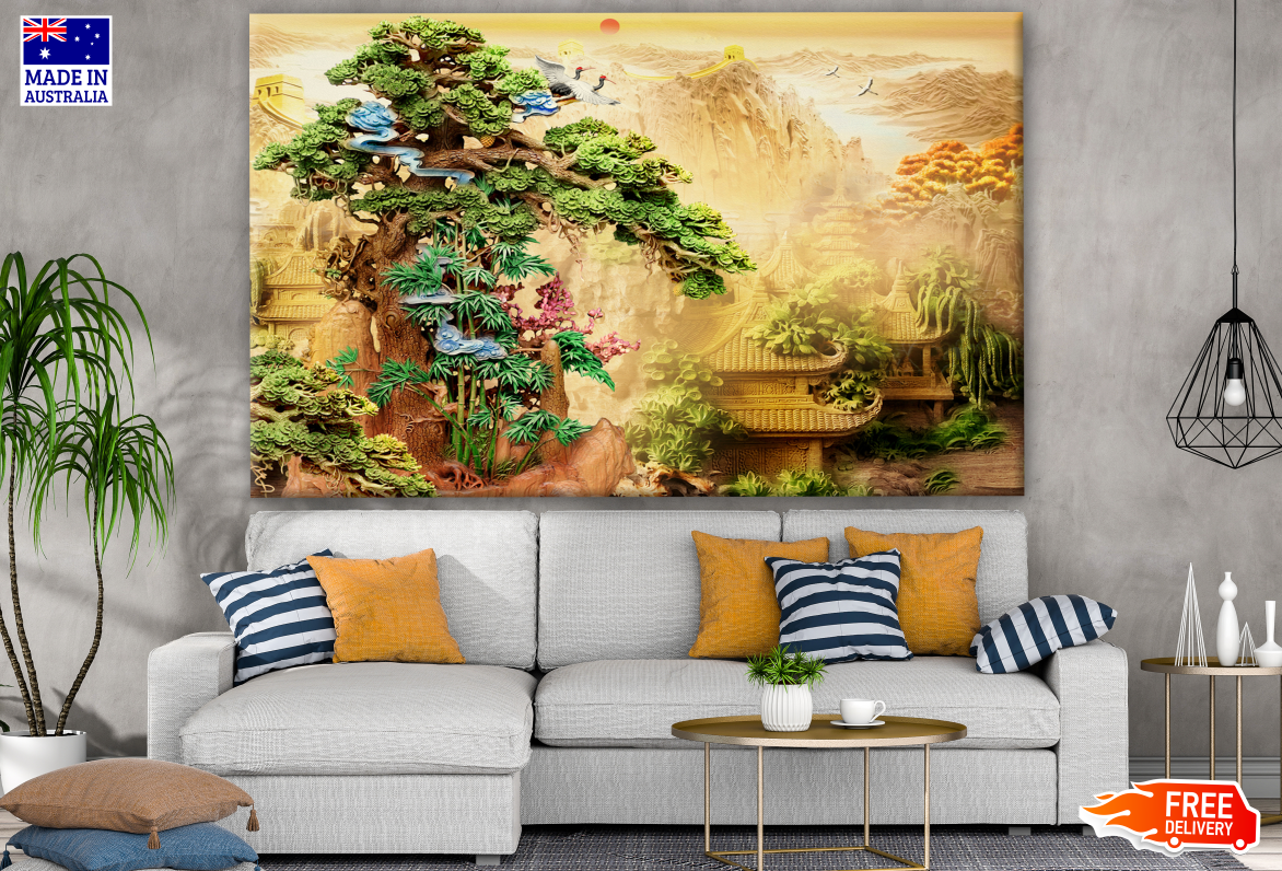 3D Tree & Old Chinese House with Birds & Tree Great Wall of China Print 100% Australian Made