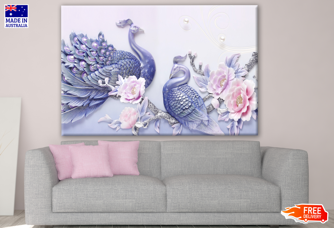 Blue Peacocks & Pink Flowers 3D Abstract Design Print 100% Australian Made