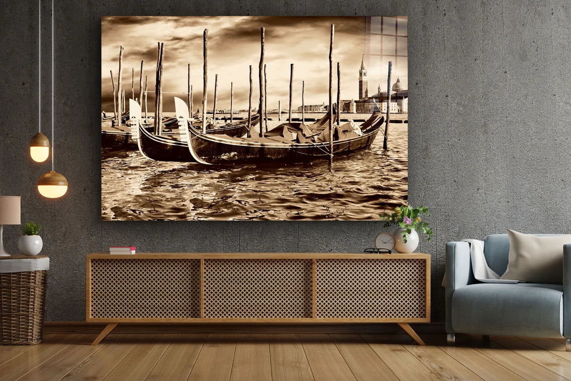 Boats on Sea Vintage Print Tempered Glass Wall Art 100% Made in Australia Ready to Hang