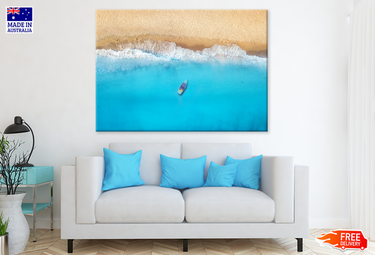 Boat On Sea & Sea Shore Aerial View Print 100% Australian Made