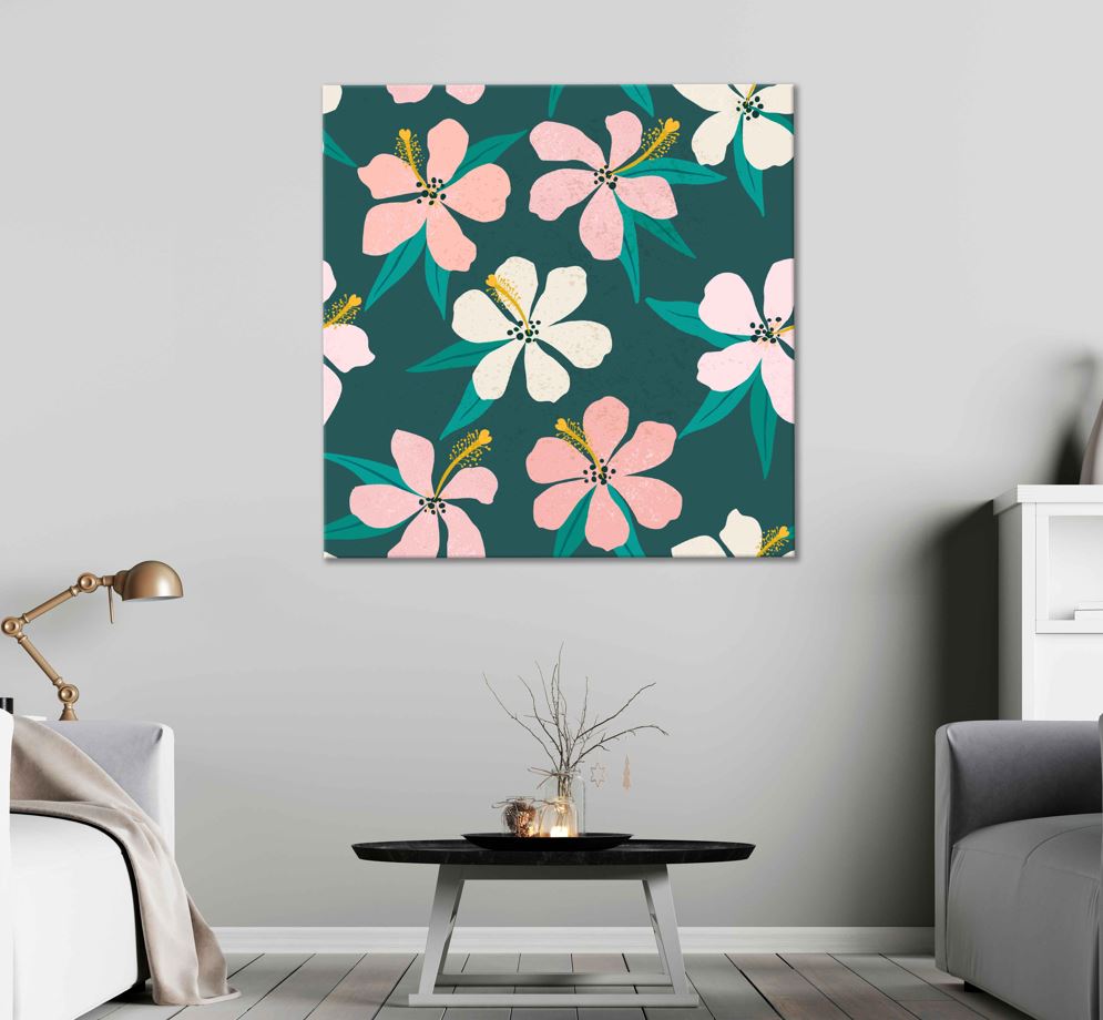 Square Canvas Hibiscus Flowers & Leaves Art High Quality Print 100% Australian Made