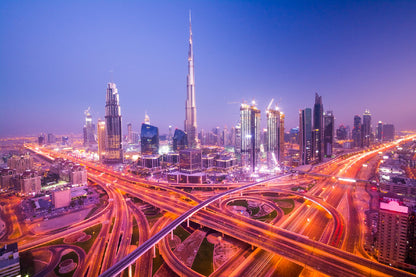 Dubai City Night Highways View Photograph Print 100% Australian Made