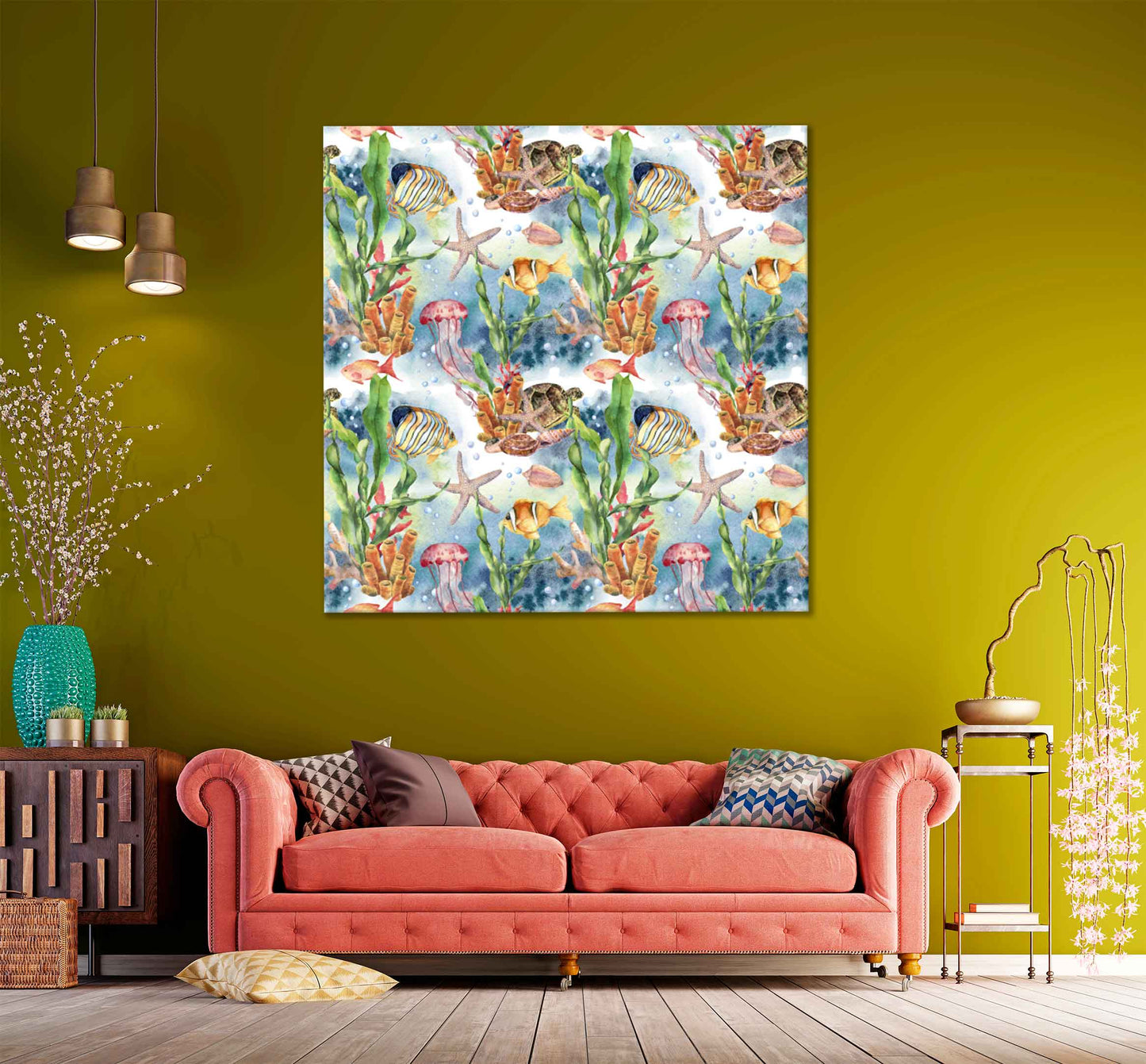 Square Canvas Fish with Coral Reef Painting High Quality Print 100% Australian Made