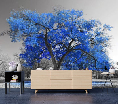 Wallpaper Murals Peel and Stick Removable Blue Leafy tree in B&W Background Photograph High Quality