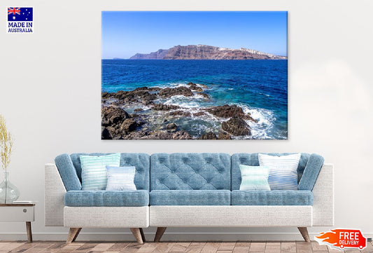 Rocks on Sea with Mountain View Photograph Print 100% Australian Made
