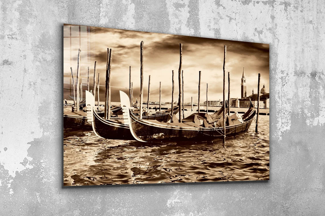 Boats on Sea Vintage Print Tempered Glass Wall Art 100% Made in Australia Ready to Hang