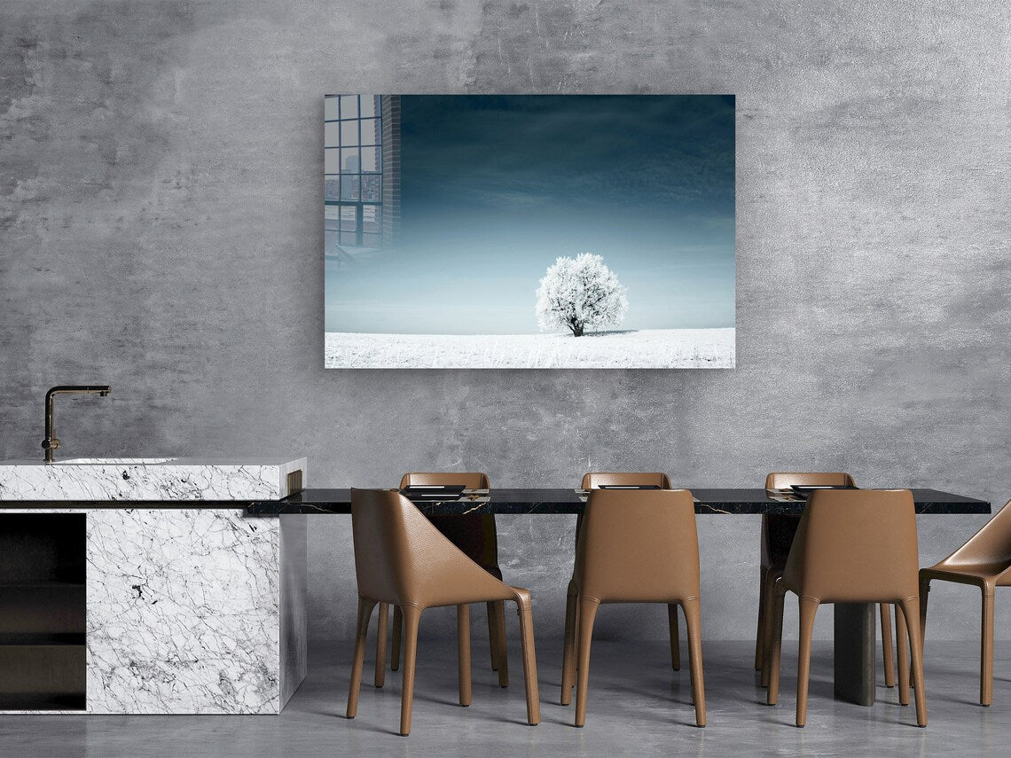 Snow Covered Alone Tree Print Tempered Glass Wall Art 100% Made in Australia Ready to Hang