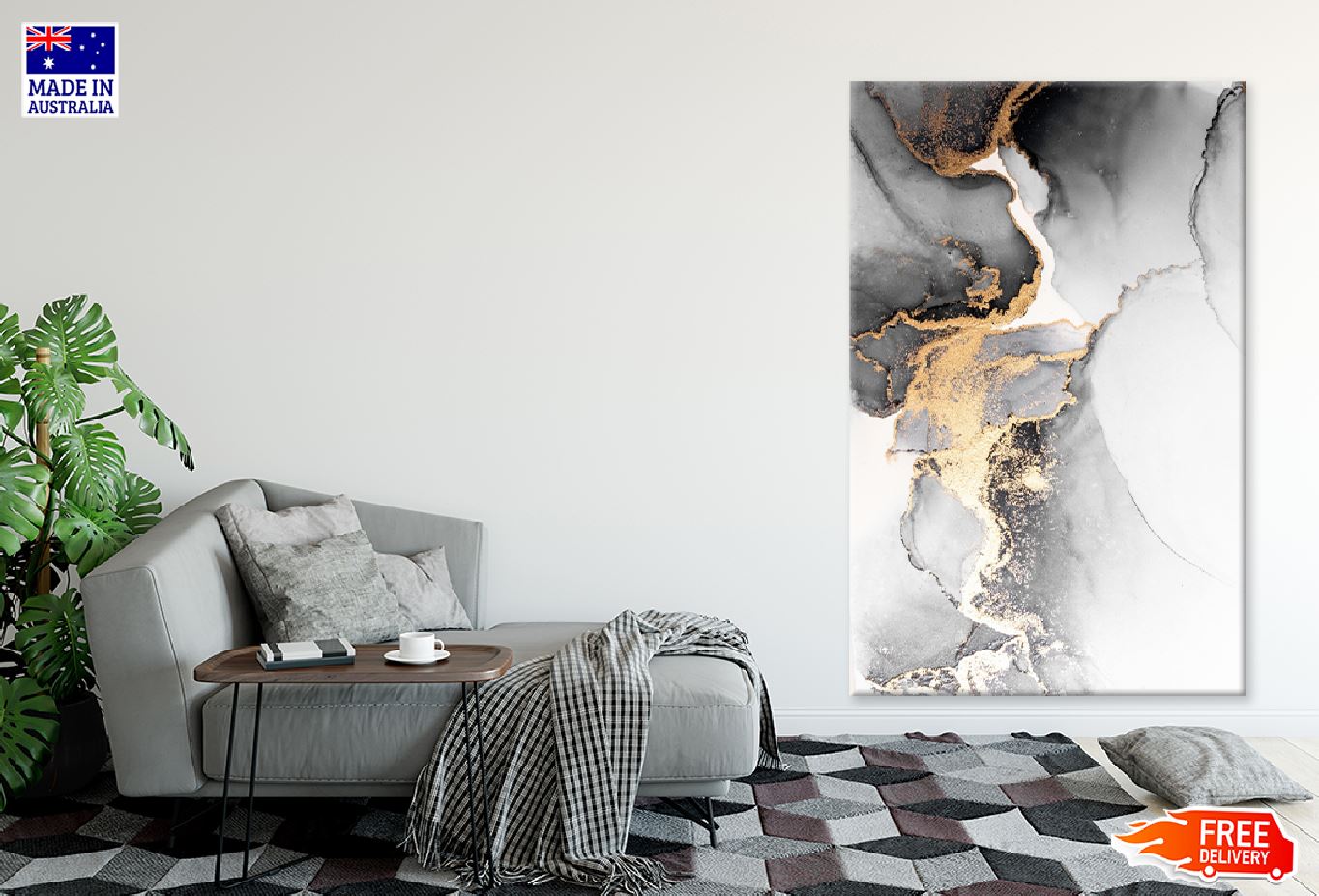 Black Grey & Gold Splash Abstract Design Print 100% Australian Made