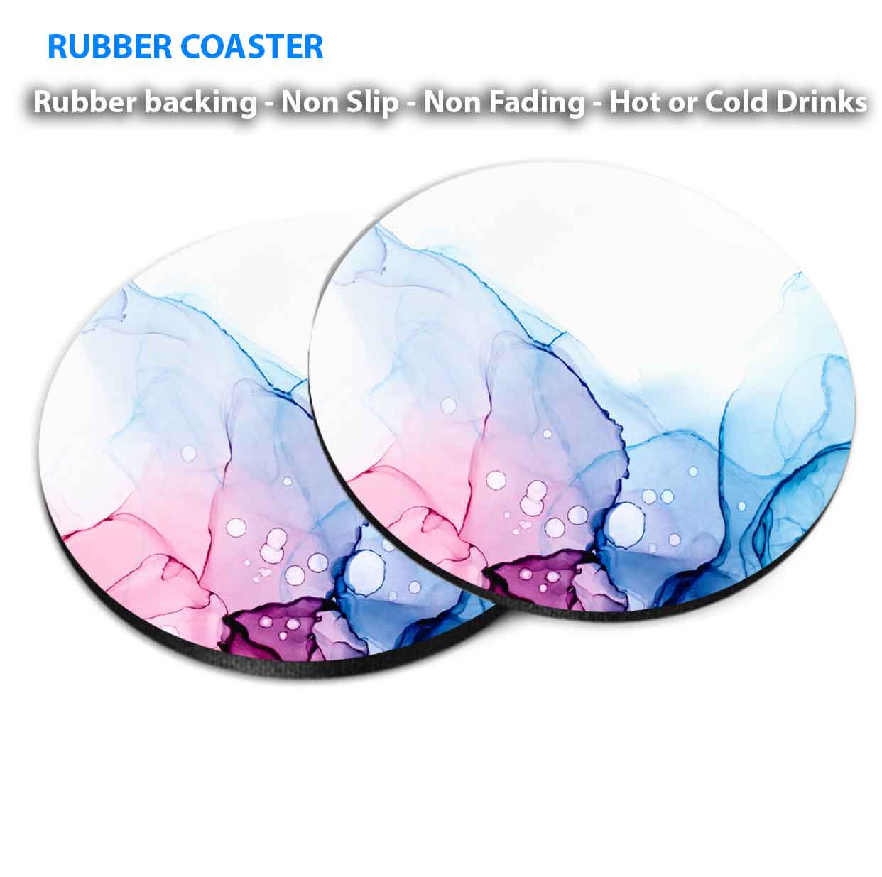 Pink Purple Blue Ink Abstract Design Coasters Wood & Rubber - Set of 6 Coasters