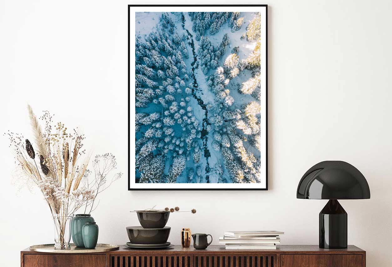 Snow Forest Trees & River Aerial View Photograph Home Decor Premium Quality Poster Print Choose Your Sizes