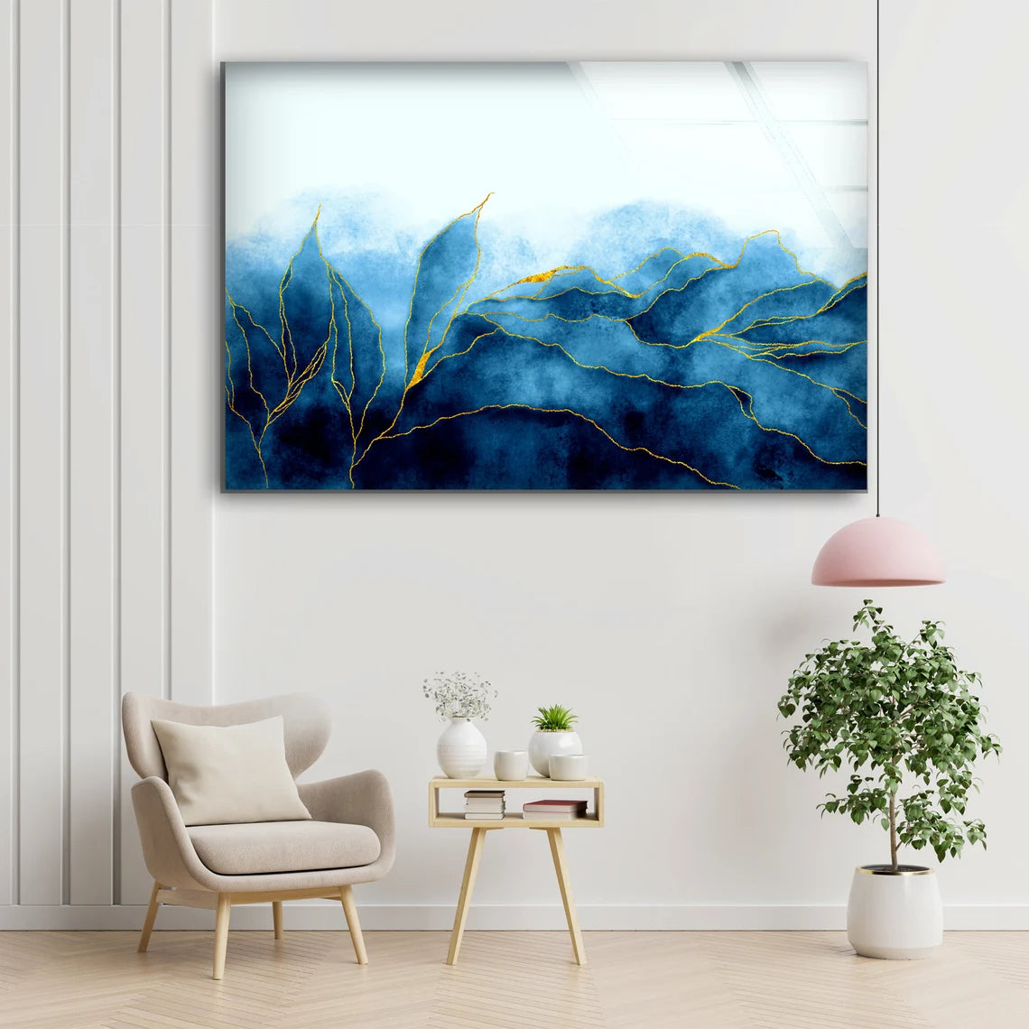 Blue White & Gold Abstract Design Acrylic Glass Print Tempered Glass Wall Art 100% Made in Australia Ready to Hang