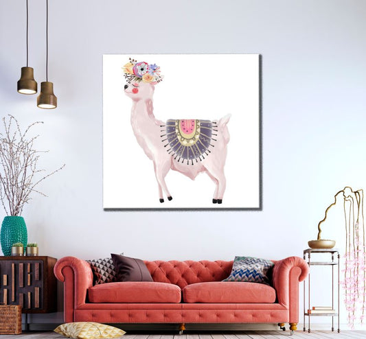 Square Canvas Llama & Floral Painting High Quality Print 100% Australian Made