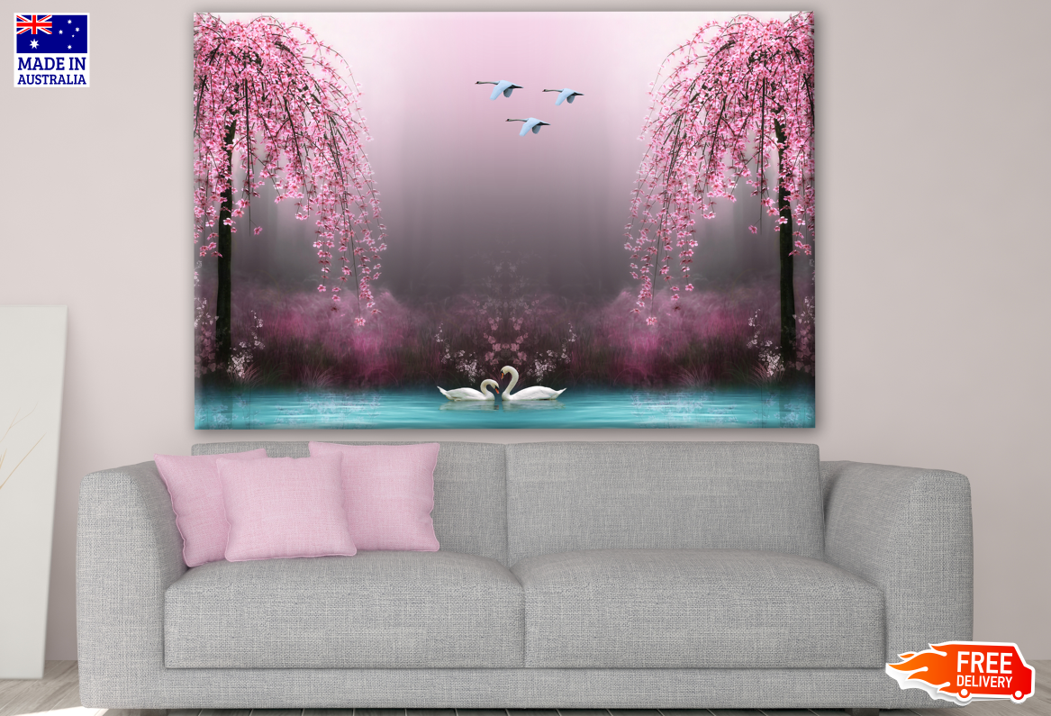 Swans in Lake with Cherry Blossom Trees Print 100% Australian Made