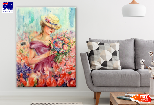 Woman in a Flower Field Holding a Flower Bouquet Painting Print 100% Australian Made